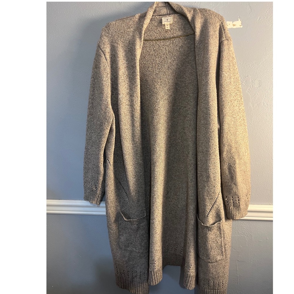 DRESSBARN Cardigan Longline Open Front Women 2X Oatmeal Marl Pointelle Knit